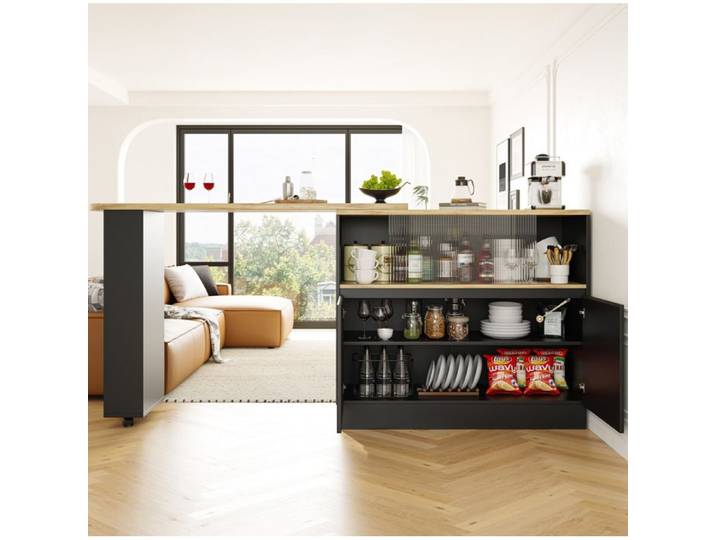 Meuble rangement buffet rotatif 90 45 100 cm MDF noir avec porte vitree EVRYAE