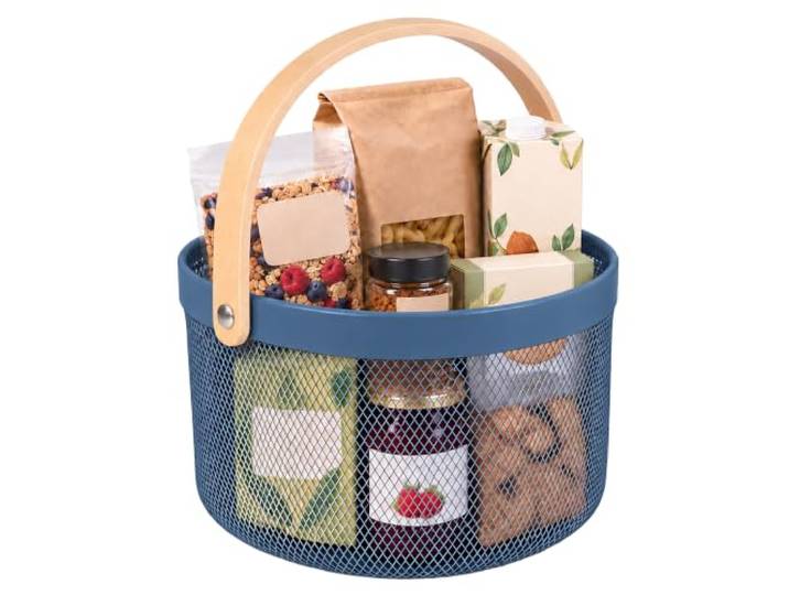 Relaxdays Panier en fil métallique\, bleu foncé avec anse\, rond\, métal et bois\, rangement cuisine/bain/salon