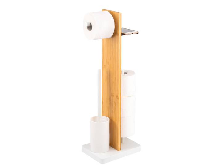 eluno Stand-Wc-Garnitur 4in1, Bambus/Metall weiß, Weiß, Holz, 23x68x18 cm, Badezimmer, WC Ausstattung, WC-Bürsten