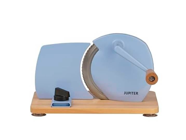 Jupiter Küchenmaschine manueller Allesschneider mit Kurbel und Holzplatte (hellblau)