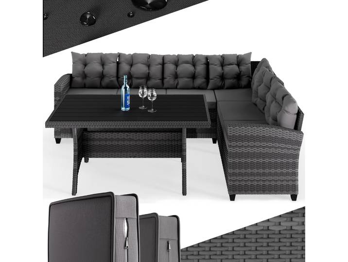Salon de Jardin en polyrotin Anthracite 6 Personnes Mobilier de Jardin avec Coussins Meuble Extérieur Mobilier de Terrasse Patio