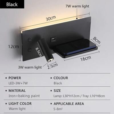 Uplift Picks Modern LED Wall Lamp With Wireless Charging And USB Port black (a)