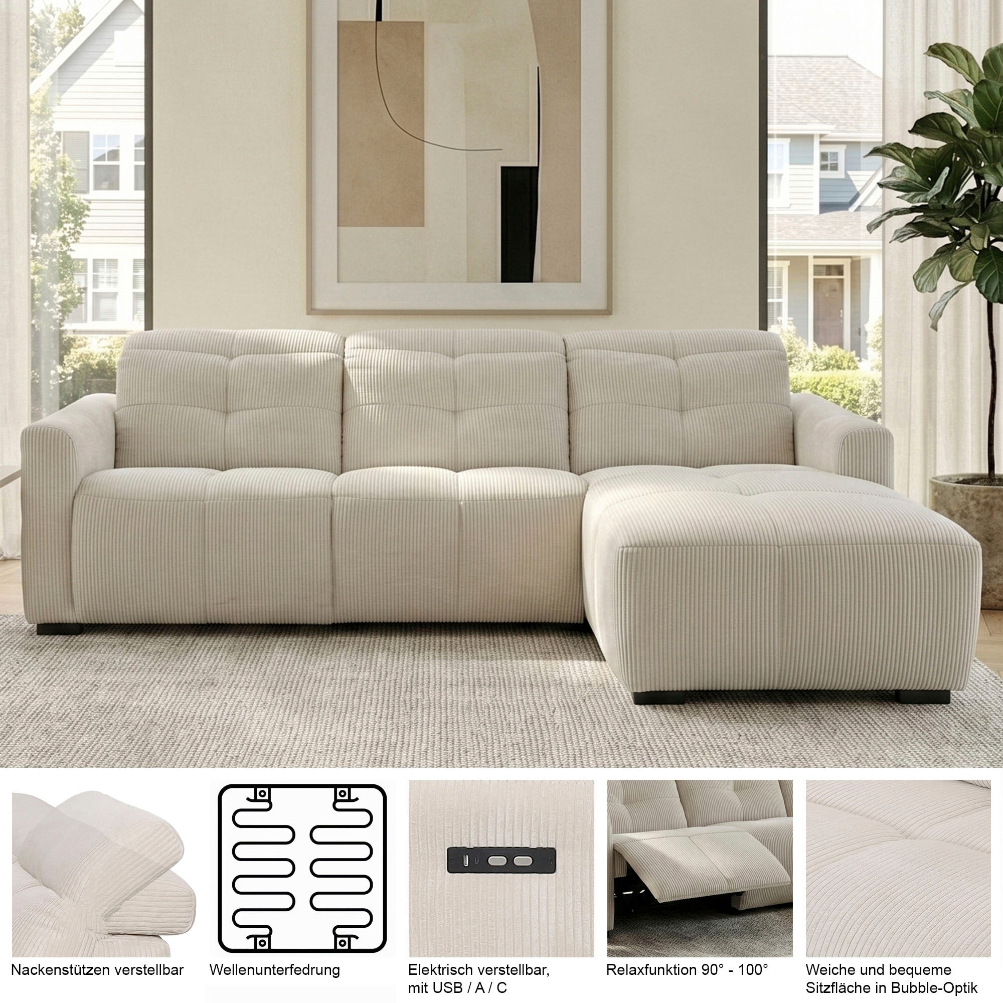 Ecksofa OTTO HOME "CAARLA Cord, L-Form, 261 cm, man. oder elektr. Relaxfunktion (USB-A/C)", creme, B:261cm H:99cm T:180cm, 100% Polyester, Sofas, Ecksofa, mit USB-A und USB-C bei elektrischer Ausführung, Kopfteilverstellung