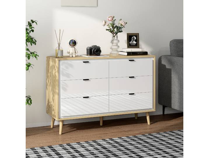 HOMCOM Commode 6 Tiroirs Blanc Chêne 110x40x75cm Bois
