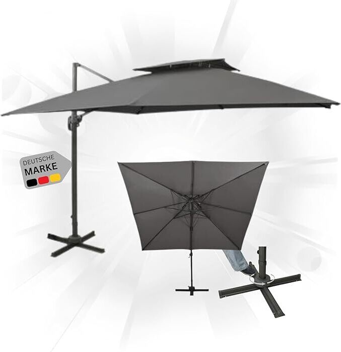 DELUKE Sonnenschirm rechteckig LOTI 300cm Anthrazit | UV-Schutz, Kippbar, Kurbelsystem | Ampelschirm rechteckig Freiarm Sonnenschirm 300 cm Kurbelschirm Standschirm Sonnenschutz Gartenschirm