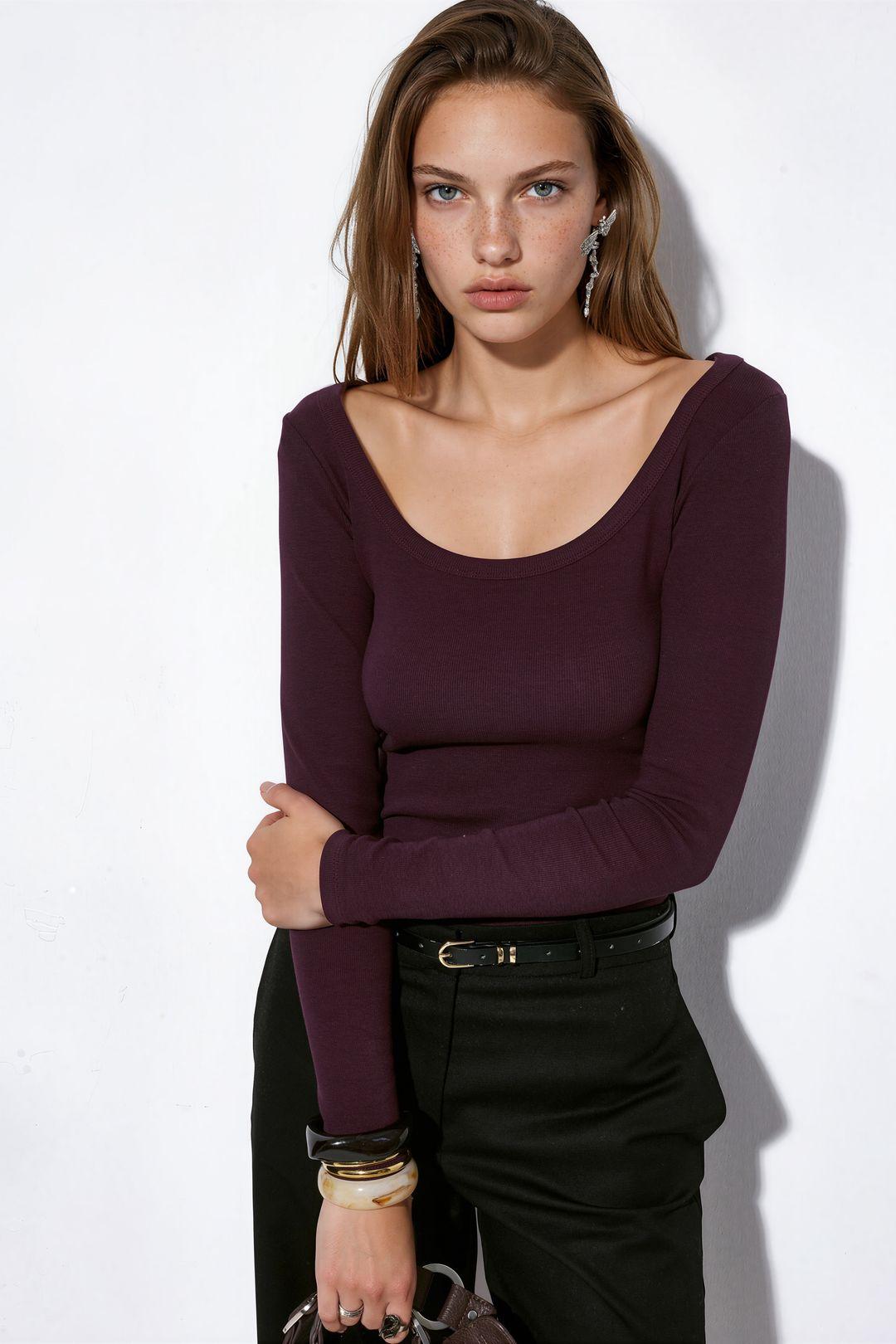 Damen Ripp Langarm-Crop-Top