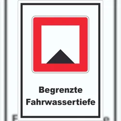 HB-Druck Begrenzte Fahrwassertiefe Tiefe unter Wassserspiegel begrenzt Symbol und Text A9 (37x52mm)