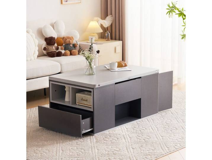 VUENOR Table basse relevable 100 x 51 x 47 cm grise avec rangements 2-en-1
