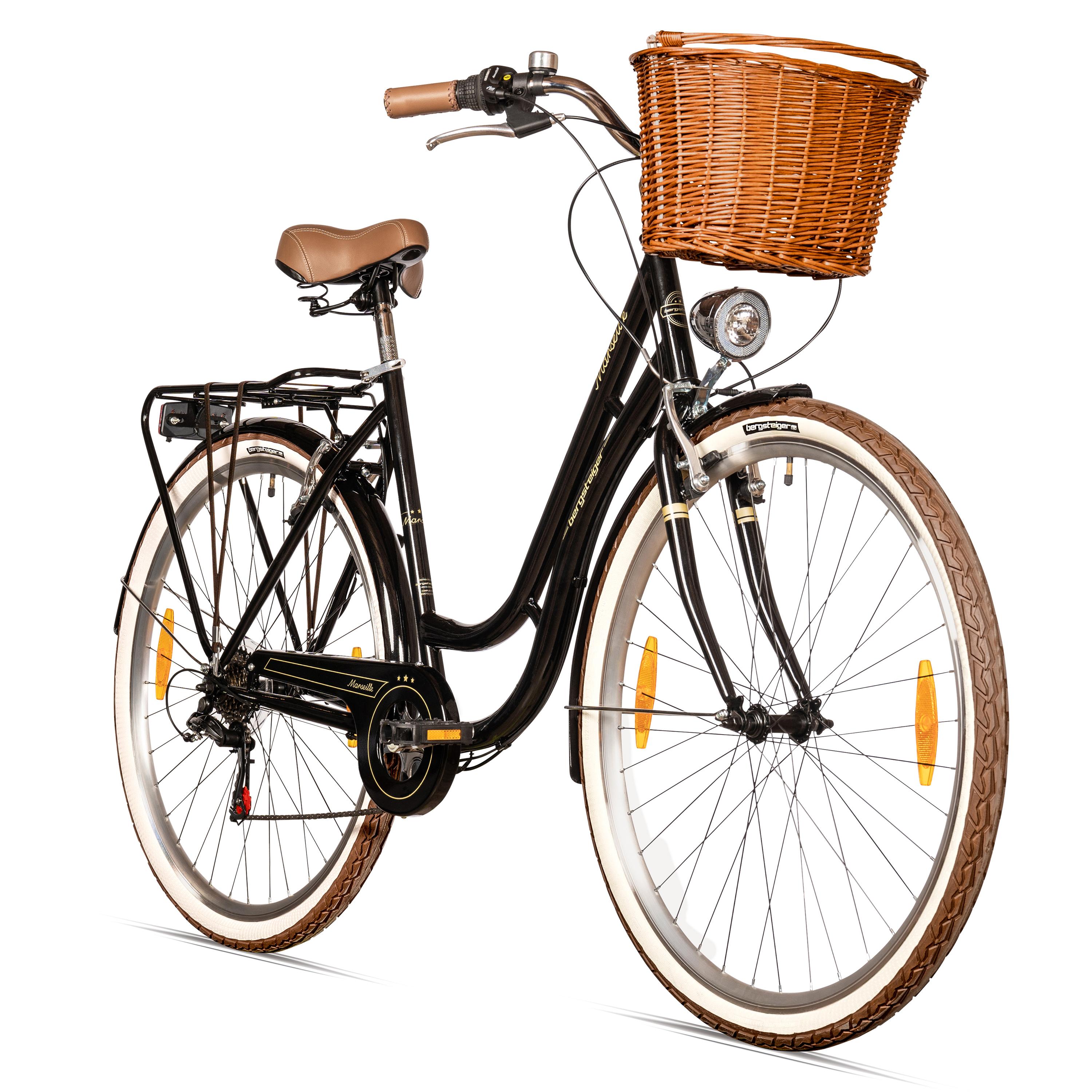 Bergsteiger Marseille 26 Zoll 28 Zoll Damenfahrrad, ab 150 cm, Korb aus Rattan, Fahrrad-Licht, Damen-Citybike, Damenrad im Retro-Design, 6 Gang Shimano Tourney Schaltung