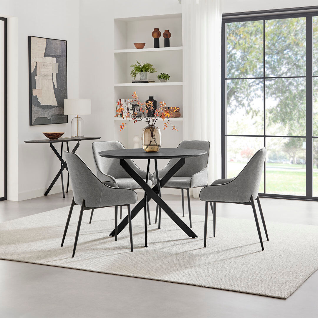 Corrigan Studio Hadlow Veneer & Metal Round Dining Table With Ophelia Fabric Chairs - Modern Statement Design Grey 4