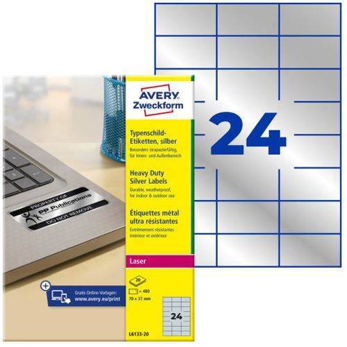AVERY Zweckform 480 Typenschildetiketten L6133-20 silber 70,0 x 37,0 mm