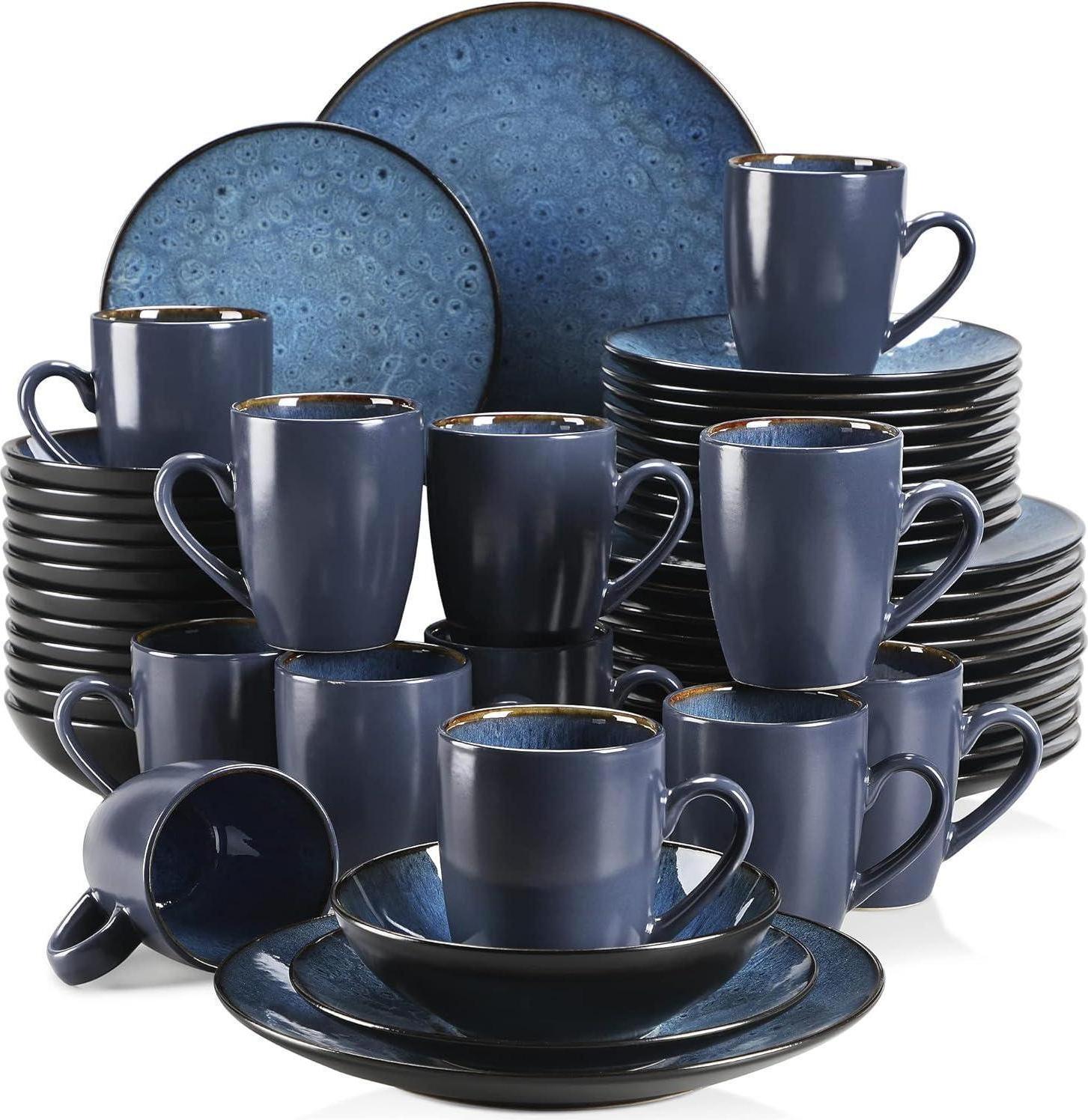 Steinzeug Tafelservice 48tlg Set, Vintage Aussehen Blau