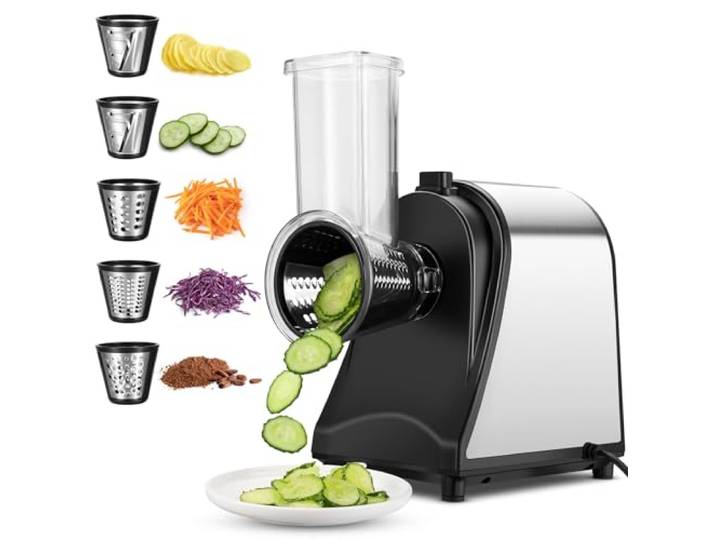 Elektrischer Gemüseschneider 5 in 1 & Käsereibe 250W, Edelstahl Kompaktes Schnitzelwerk für Salate & Meal Prep, BPA-frei