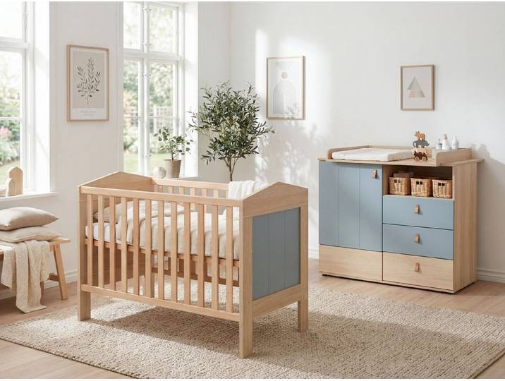 arthur berndt Babyzimmer-Komplettset Roofy, (Spar-Set, 2-tlg., Kinderbett, Wickelkommode), Soft-Close Funktion, Türdämpfung, Ledergriffe