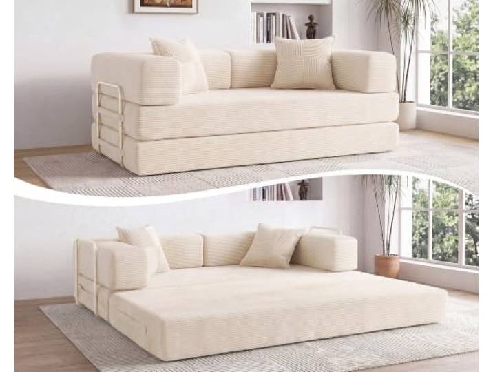 Vipbear Modular Schlafsofa 200×100×70cm Wohnzimmer-Couch mit Schlaffunktion 5-in-1 Knochenlose Couch Sofa, Hochdichter Schaumstoff, Umwandelbares Vielseitig 3-Sitzer Schlafsofa, Keine Montage,Beige