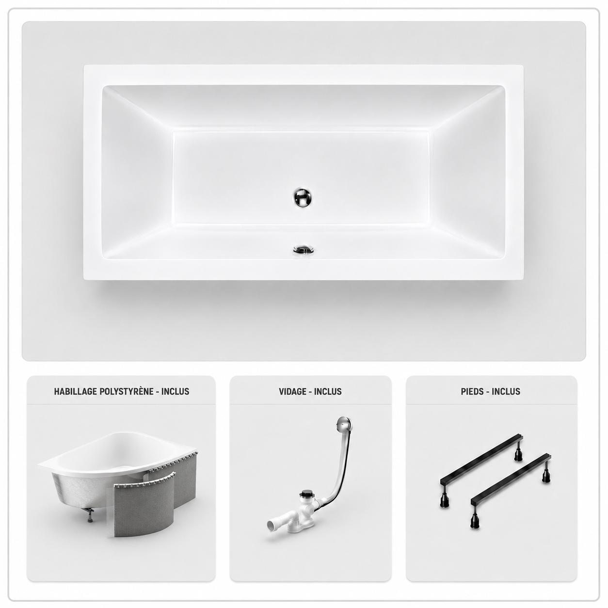 Weiße rechteckige Slim-Badewanne 170x80 cm - Verkleidung + Ablaufgarnitur Chrom + Füße - KUBA