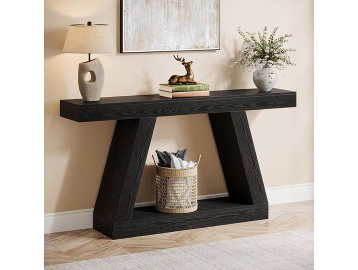 Finmind Table Console 140x30x80 cm Table de Canapé avec Rangement et Cadre en Bois pour Entrée Couloir Salon Noir