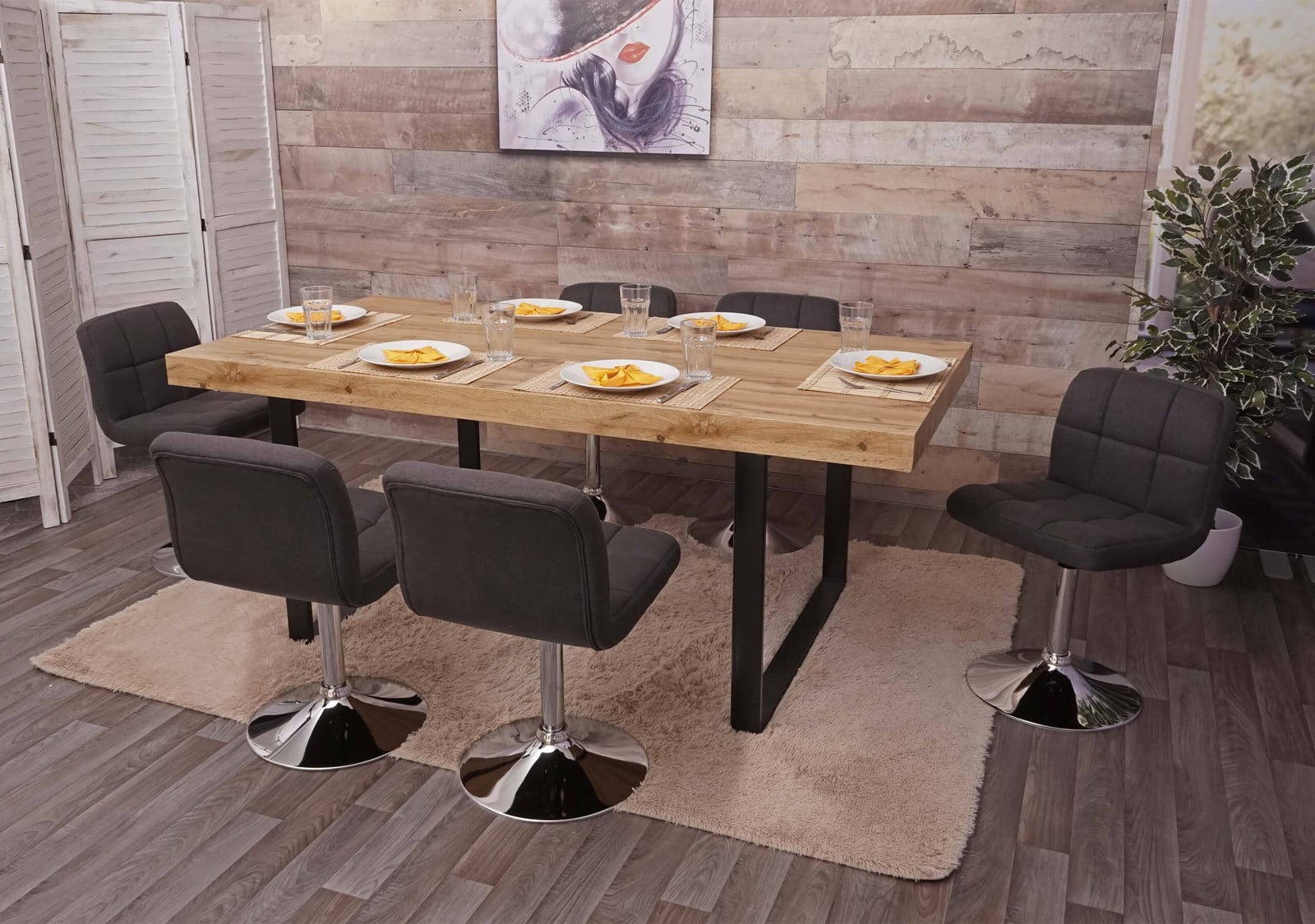 Mendler Kavala Set van 6 Eetkamerstoelen, Draaibaar, Donkergrijs Textiel met Chroom