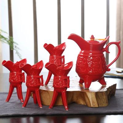 Inspire Select ImperialCharm Retro Ceramic Baijiu Wine Set One Catty Pot With 12 Cups Gift Box Edition red