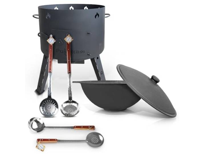 Utschak Feuerofen mit Gusseisen Topf flacher Boden mit Deckel (22 L) KazanoFF, Uchag Kazan Kasan Usbekisch, казан Schaumlöffel x 3 Stk, Schöpfkelle für Plov, 48 cm(Set 22F-2)