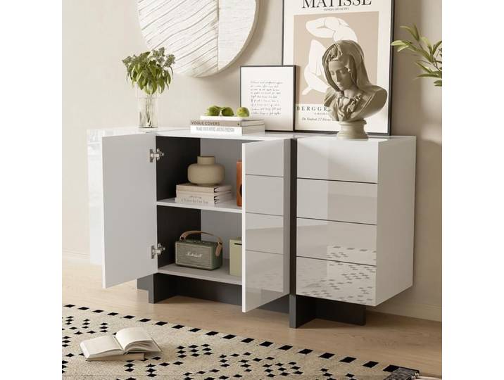 Buffet brillant moderne et sobre avec 2 portes 4 tiroirs - SWEIKO - Blanc