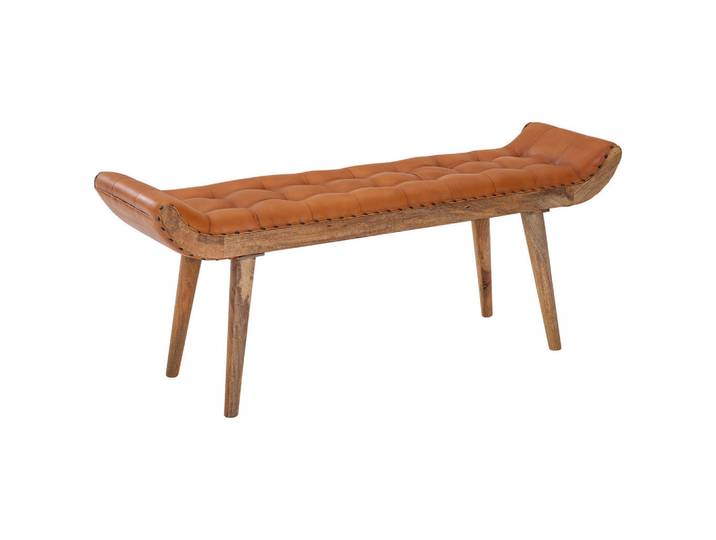Mid.you Hockerbank, Braun, Holz, Echtleder, Ziegenleder, Mangoholz, massiv, 125x50x38 cm, abwischbar,