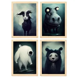 POSTER Set mit 4 Grässlich Tier im T Burton Goth Stil A3 Rahmen aus hellem Holz