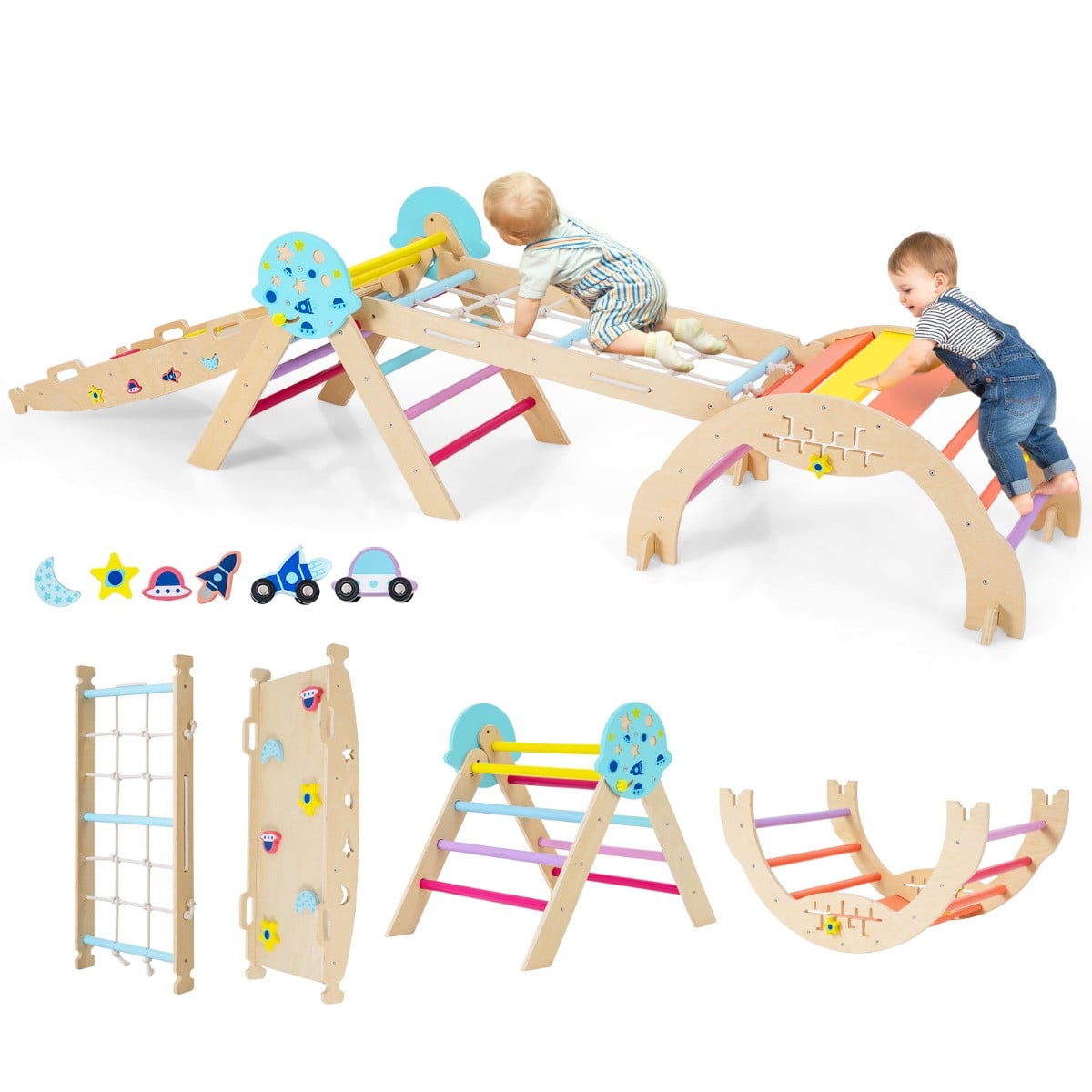 Costway 9-in-1 Montessori Klimrek Set Driehoekig Houten Klimrek Voor Binnen Multicolor