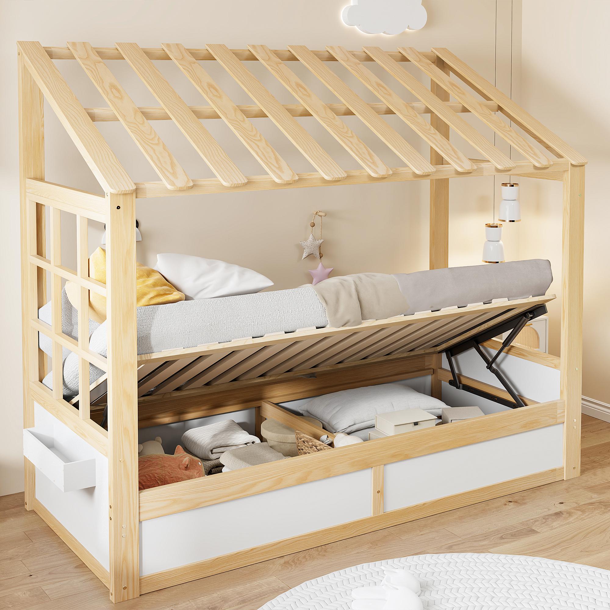 okwish Jugendbett 90×200 mit Matratze und Baldachin, Einzelbett Bettkasten und Seitliche Ablagefächer,Hausbett in Natur
