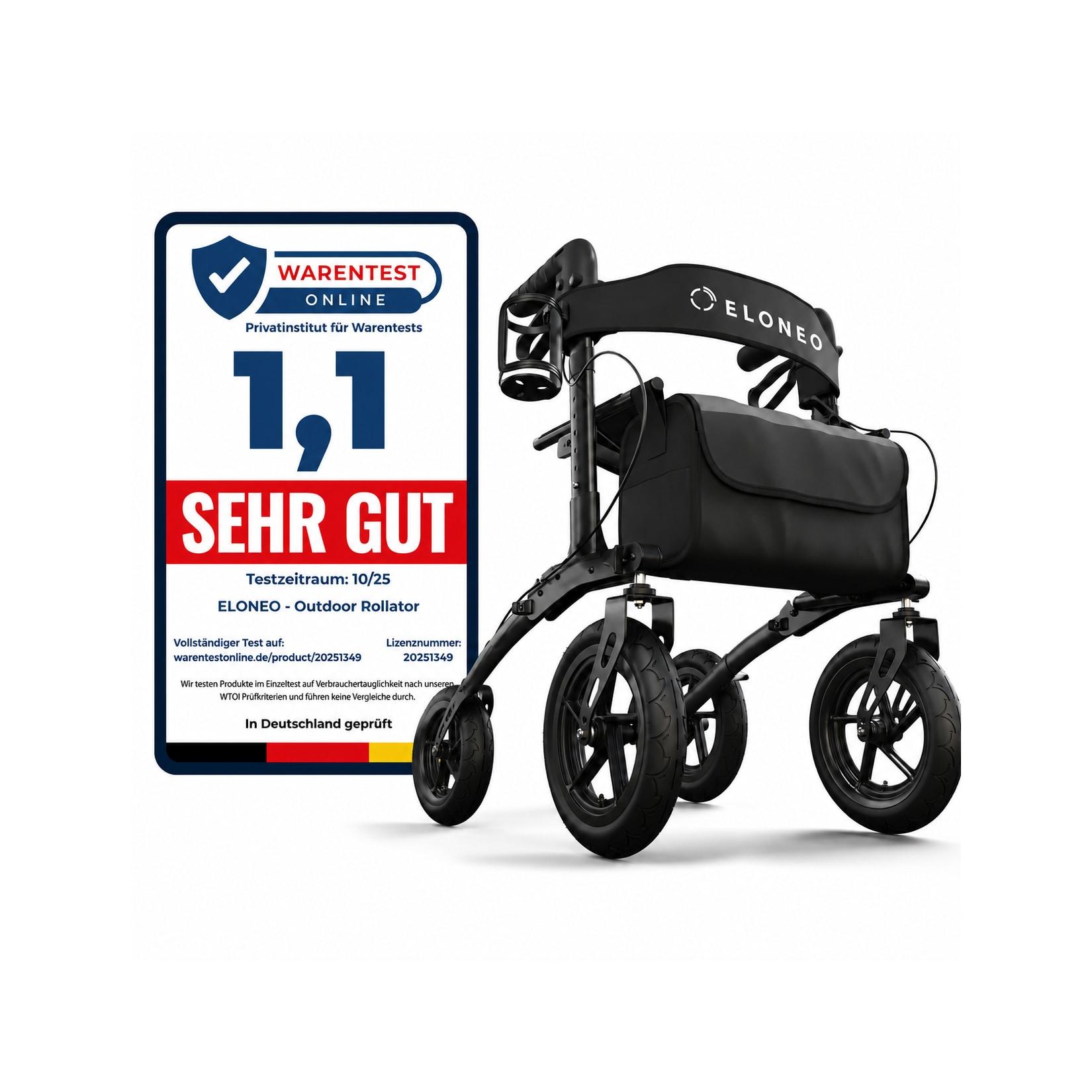 ELONEO Rollator faltbar und leicht mit Sitz, Outdoor Rollator mit Luftbereifung, höhenverstellbar aus Aluminium Schwarz