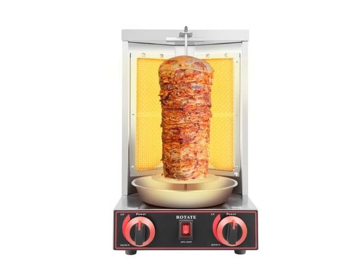 Dönergrill Gas, 3kW Edelstahl Dönergrill Tischgrill, 2 Brenner Gas Vertikaler Broiler mit 360° Drehbar Für Familien Grills Restaurants
