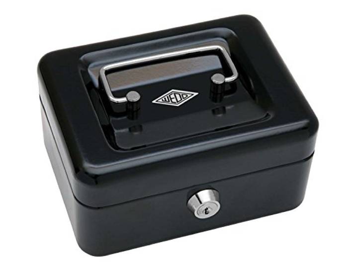 Wedo 145121X geldcassette (van gepoedercoat staal, intrekbare handgreep, 4 vakken muntinzetstuk, veiligheidscilinderslot, 15,2 x 11,5 x 8,0 cm) zwart