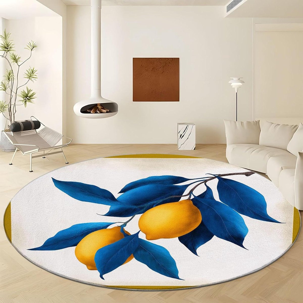 Rond Vloerkleed met Handgeschilderd Citroenblad in Traditionele Stijl - Diameter: 150 cm