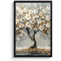 POSTER MIT RAHMEN Baum - Blumen - Weiß - Natur - Kunst Bilder mit Rahmen 40x60 cm
