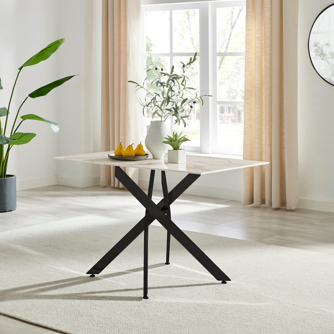 Canora Grey Lenworth Luxury Marble Effect Glass 4 Seater Dining Table - Modern Statement Design Black/White