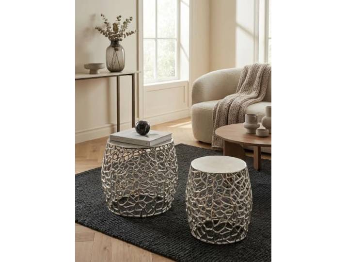 Satztisch Set rund Aluminium 46x46x42 cm, Aststruktur, 2-teilig, Silber