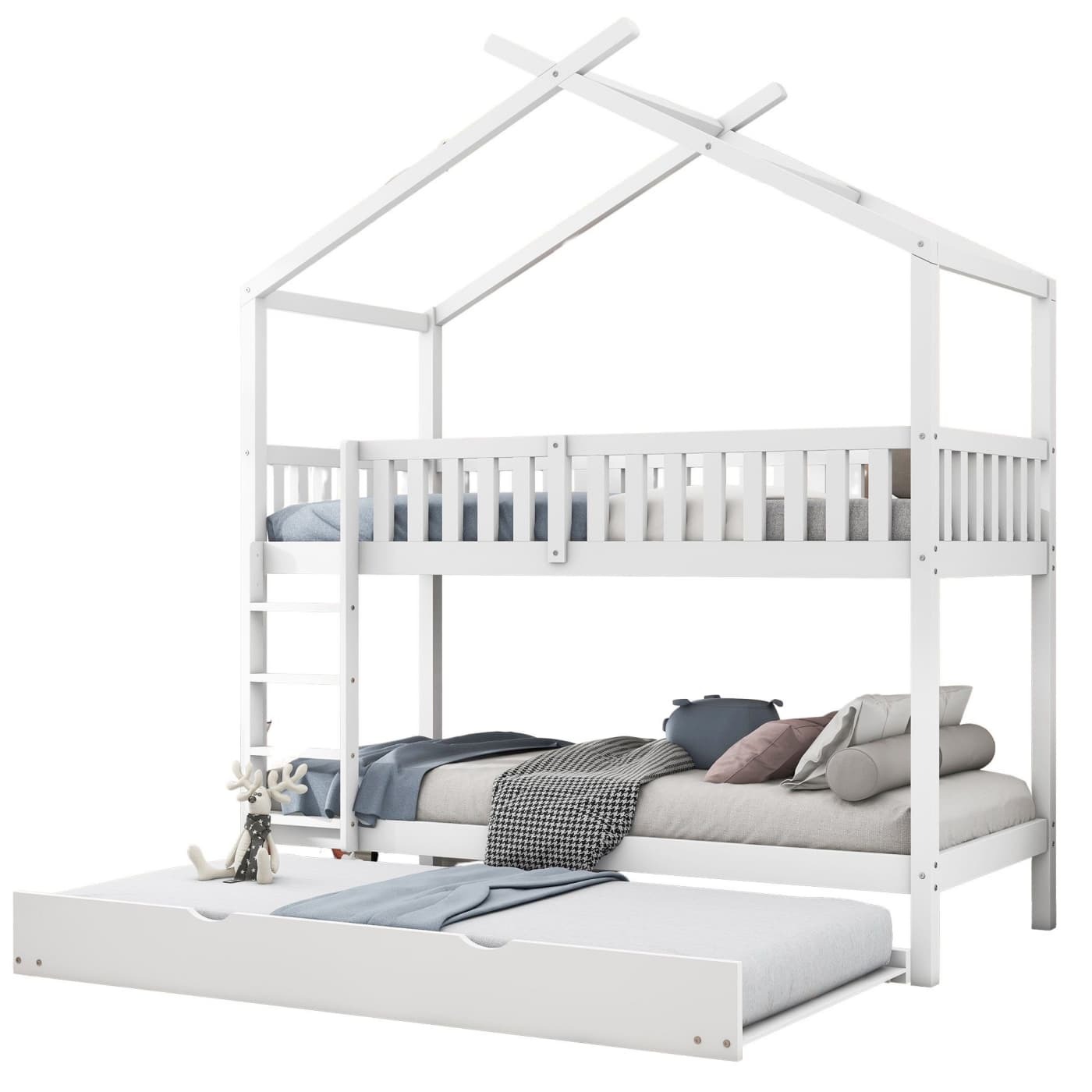 Hausbett Kinderbett Jugendbett, 90x200 cm, drei Betten, Ausziehbar, Platzsparendes Design, Weiß