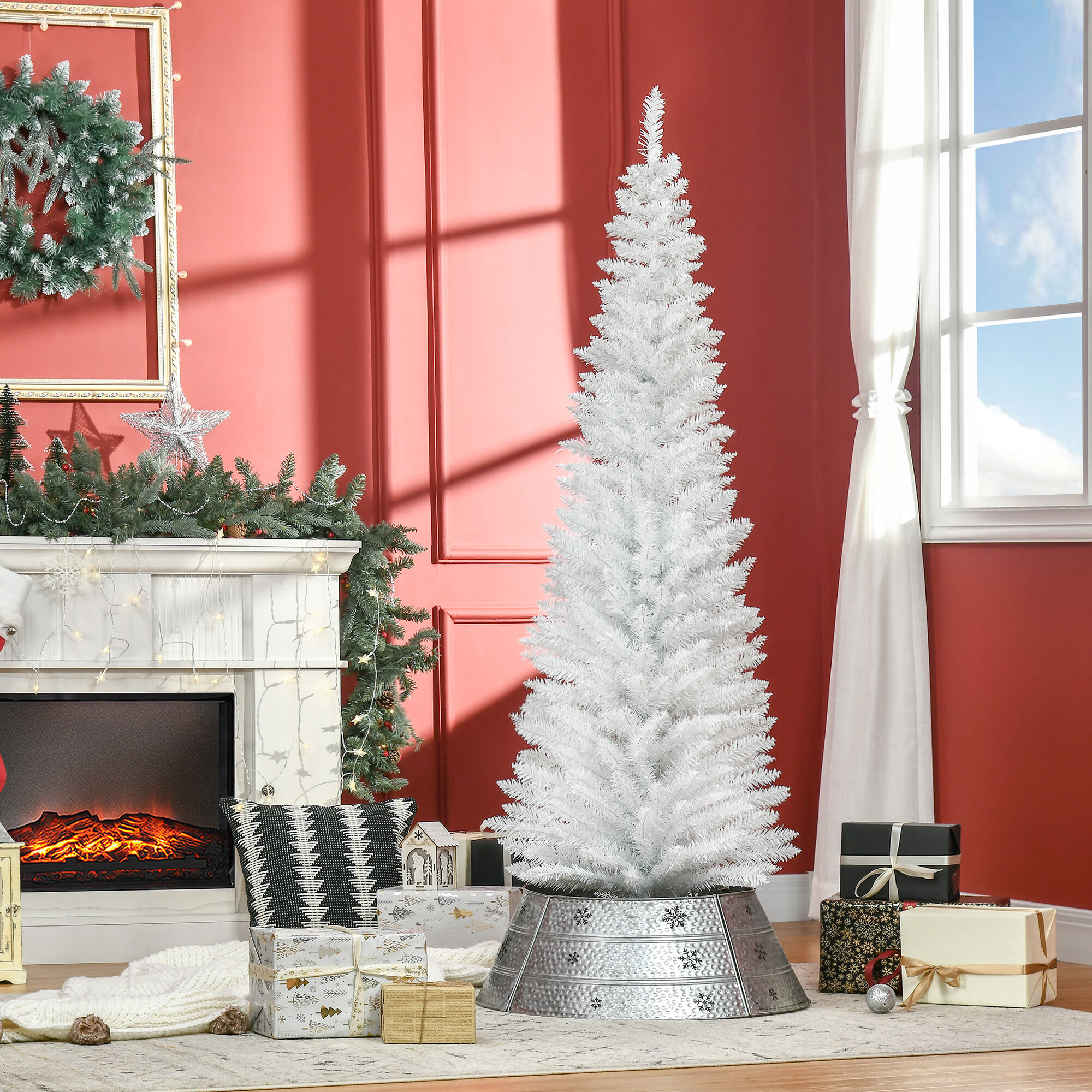 Altro Albero Di Natale Slim Artificiale 180 Cm Con Rami Realistici, Albero Di Natale Alto E Stretto Con Base Pieghevole, Bianco