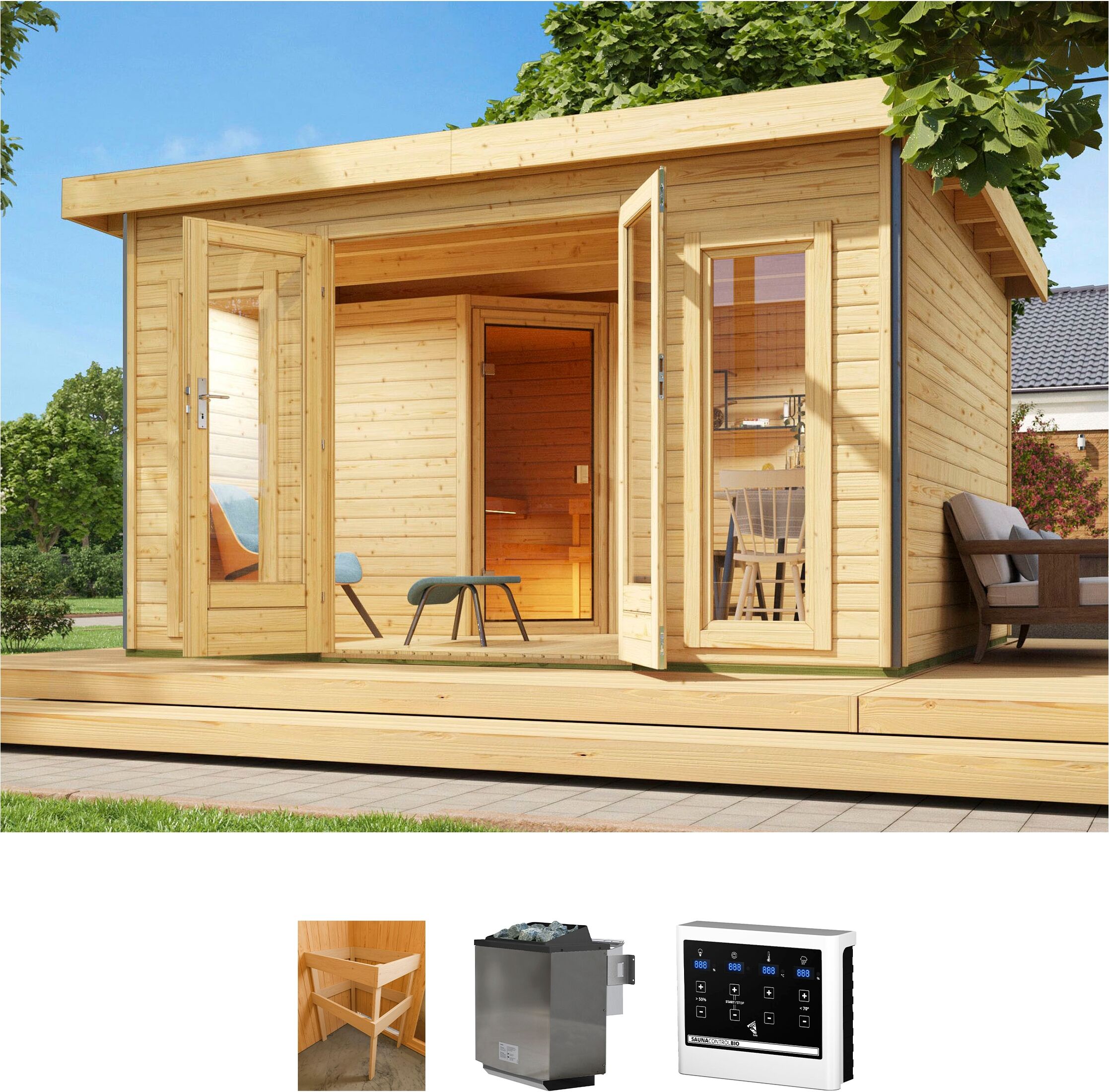 Saunahaus KONIFERA "Maiko 3", beige (natur), Bio-Ofen, externe Steuerung, 9 kW, Saunen, Ofen 9 kW Bio externe Strg easy