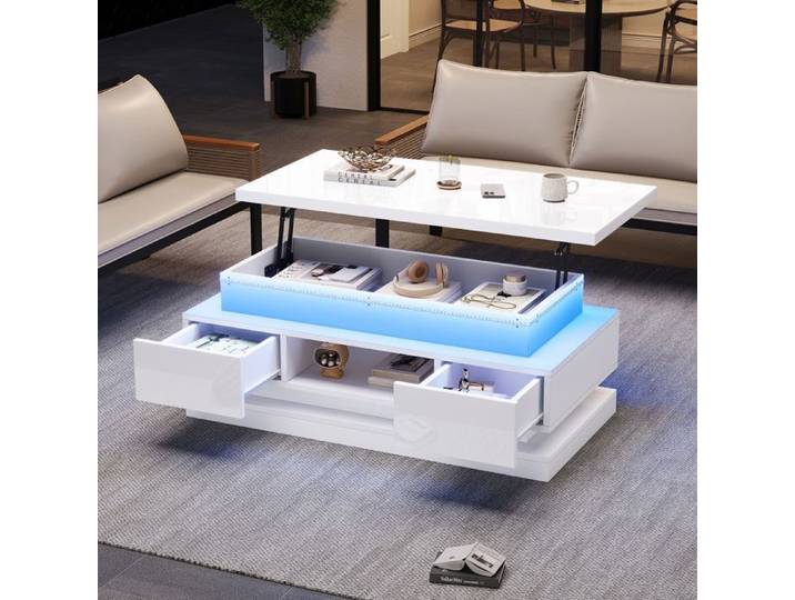 Table basse relevable 100x50x40cm Table basse brillante blanche salon avec éclairage LED 2 tiroirs 1 compartiment