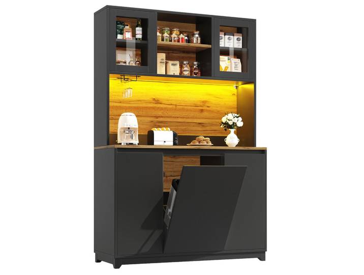 Evryae Buffet mit Acryltüren LED-Beleuchtung offenen Regalen und Stauraum Schwarz 120/40/180 cm, Metall, 5 Fächer, Rechteckig,Rechteckig, 120x180x40 cm, Esszimmer, Anrichten, Buffetschränke