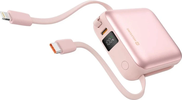 Swissten Power Bank Space 10.000mAh mit integrierten USB-C- und Lightning-Kabeln Pink