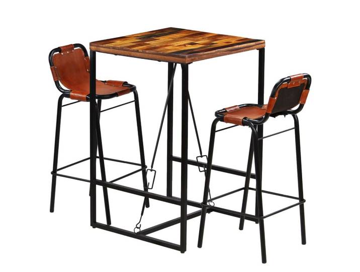 furnicato Bargruppe Bar-Set Massivholz 70x70x106 cm, (1-tlg), Weiche Ziegenleder-Sitze für deine Bistro-Gruppe in der Küche