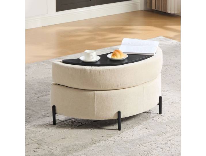 Pouf Ottoman en Chenille Banc de Rangement avec Plateau - Repose Pieds - 86x47x43cm - Beige