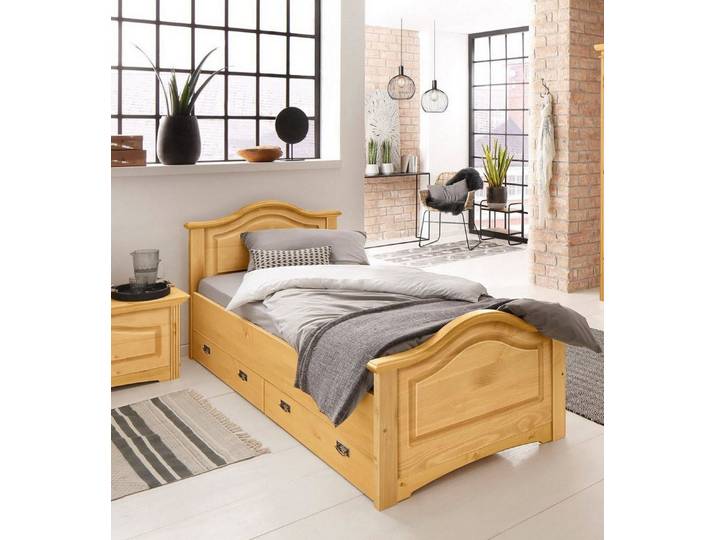 OTTO home Massivholzbett Konrad, Stauraumbett, Messinggriffe, rustikaler Landhausstil, mit FSC®-zertifiziertem Massivholz, Liegehöhe 40 cm
