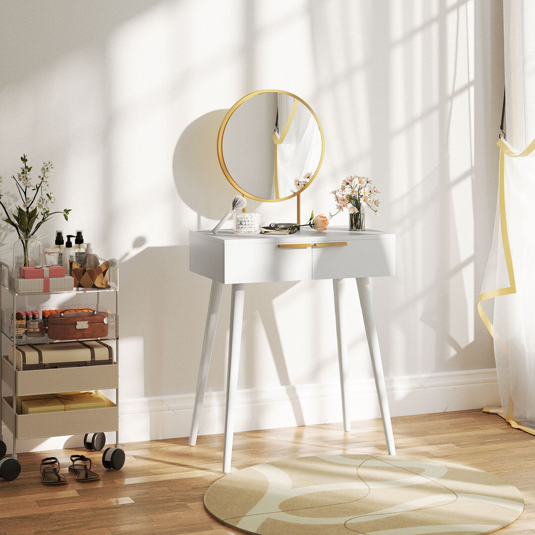 Norden Home HOMCOM Modern Dressing Table w/ 2 Drawers Round Mirror for Bedroom White White 123cm H X 60cm W X 40cm D