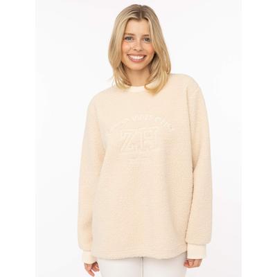 Sweatshirt ZWILLINGSHERZ "Good Vibes", Damen, Gr. XL, beige (hellbeige), Obermaterial: 100% Polyester, Sweatshirts Sweatshirt, Teddy Sweater, Prägung auf Vorderseite, Rundhals, Ärmelbündchen