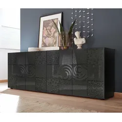 Design Sideboard in Hochglanz Anthrazit Siebdruck verziert
