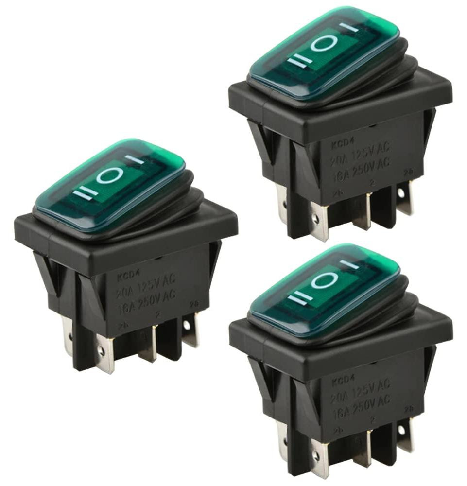Dripio 3-delige set waterdichte DPDT schakelaars met groene LED, 12V, 20A, 6-polig