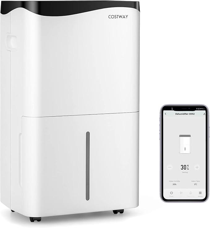 4 Modi Bautrockner 50L/Tag mit 24H Timer, Smart Luftentfeuchter mit LED-Anzige & Ventilator, 5L Wassertank & Ablaufschlauch, Weiß